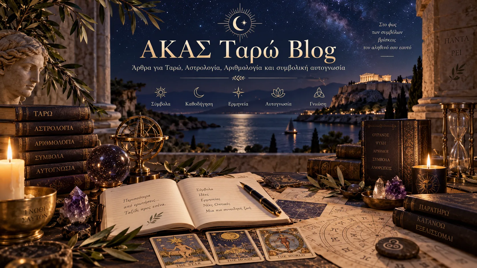 Νυχτερινό γραφείο με ανοιχτό ημερολόγιο, κάρτες ταρώ Ο Αστέρας, Το Φεγγάρι και Ο Κόσμος, βιβλία Ταρώ και Αστρολογίας, με φόντο την Ακρόπολη