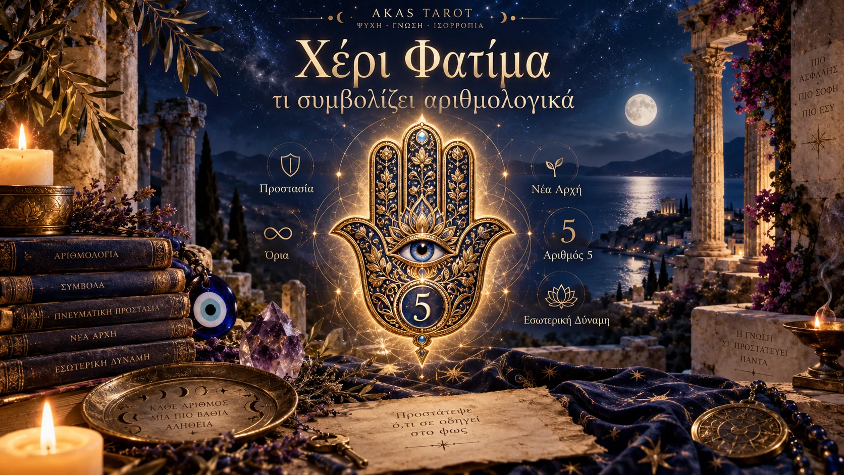 Χρυσό Χέρι Φατίμα με μπλε μάτι στο κέντρο και τον αριθμό 5, με σύμβολα προστασίας, νέας αρχής και εσωτερικής δύναμης γύρω του