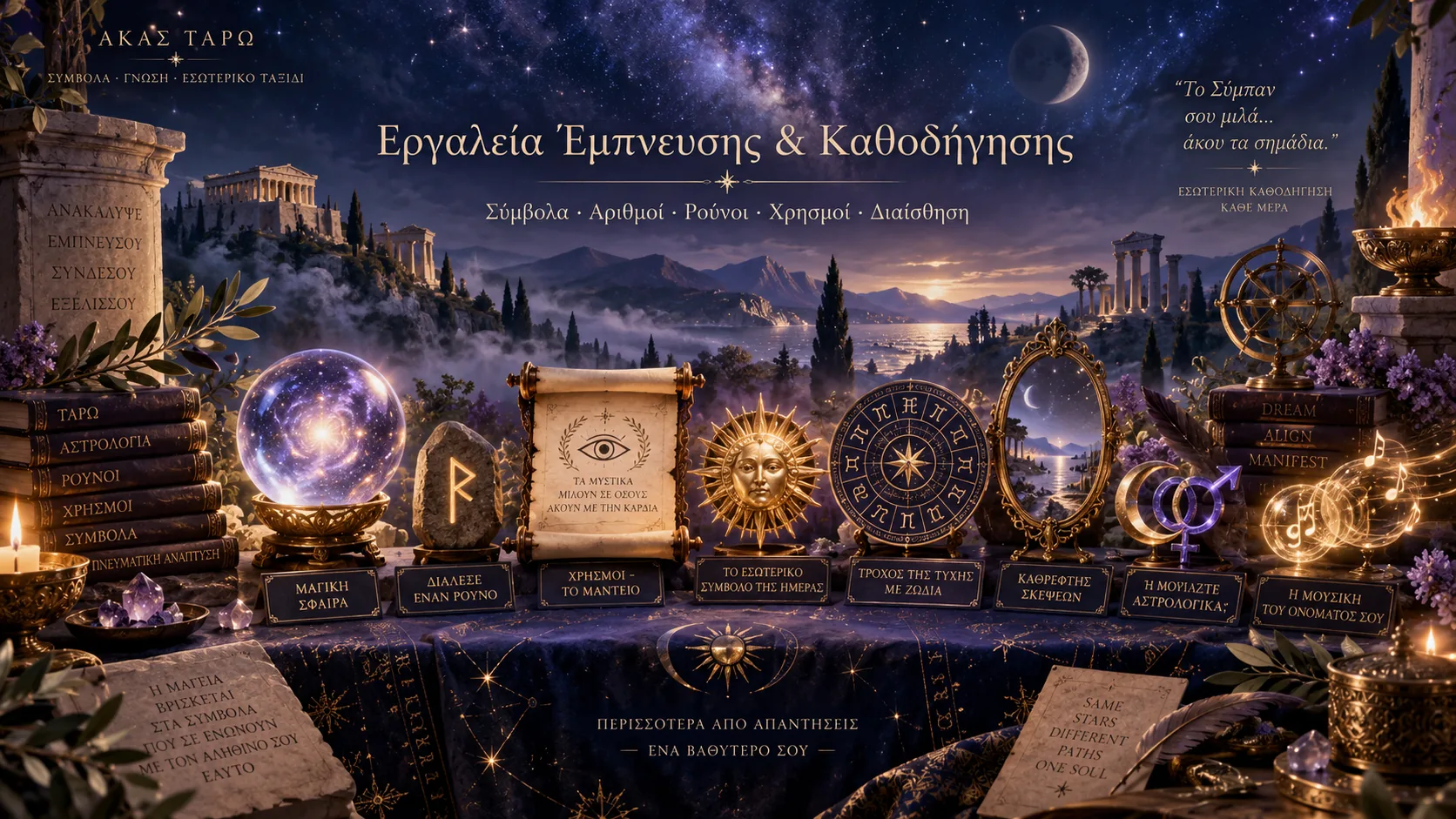 Πάγκος με τα πνευματικά εργαλεία του ΑΚΑΣ Ταρώ σε νυχτερινό ελληνικό τοπίο: μαγική σφαίρα, ρούνος, χρησμοί, ηλιακό σύμβολο ημέρας, τροχός ζωδίων, καθρέφτης σκέψεων και σύμβολα αστρολογικής συμβατότητας
