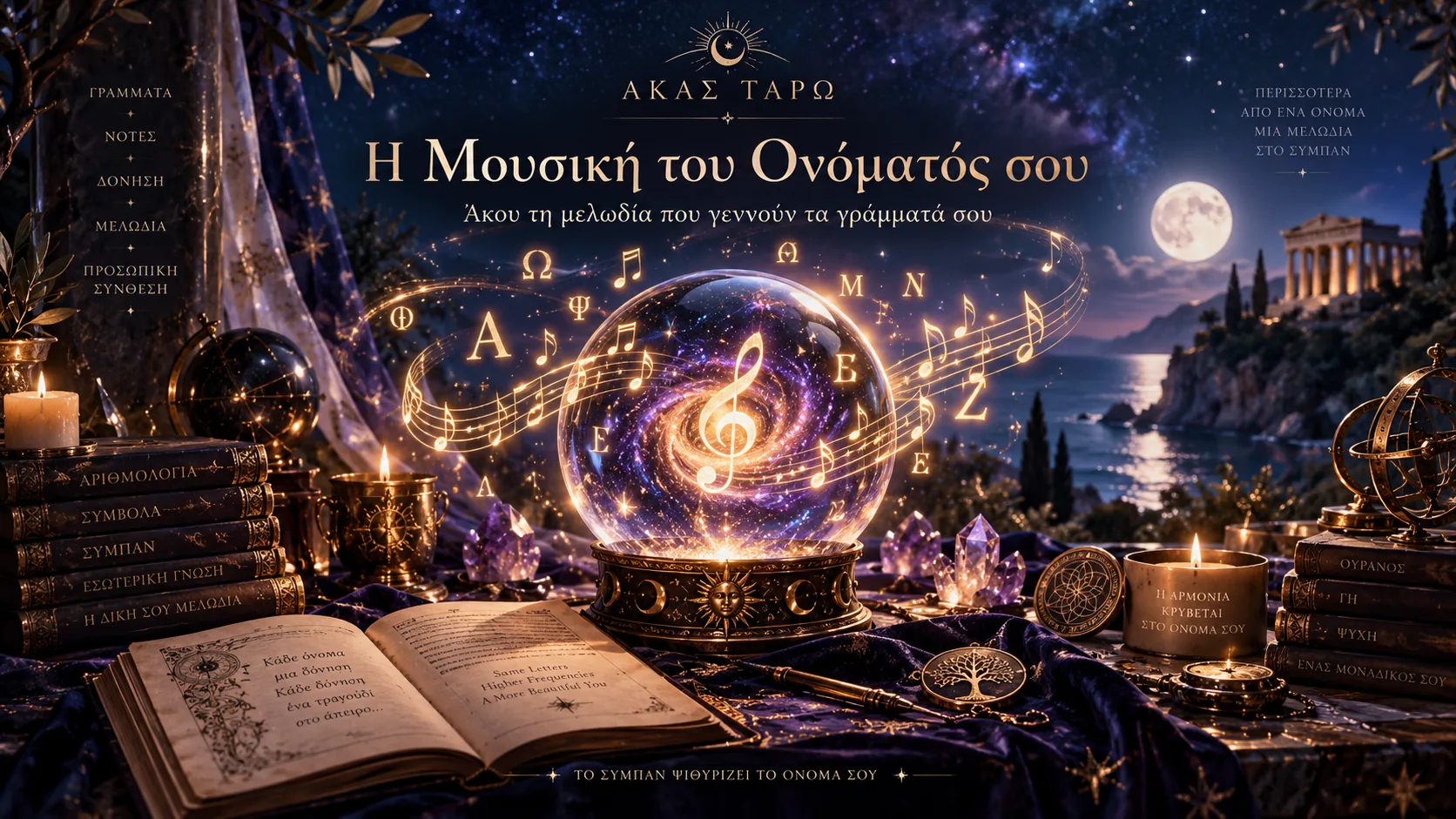 Μαγική σφαίρα με μουσικές νότες και γράμματα του αλφαβήτου να στροβιλίζονται γύρω της, σύμβολο της Μουσικής του Ονόματός σου, με ανοιχτό βιβλίο μελωδιών από κάτω
