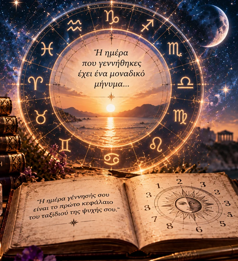 Ζωδιακός κύκλος με όλα τα ζώδια, ανατολή ηλίου πάνω από τη θάλασσα και ανοιχτό βιβλίο αριθμολογίας, σύμβολο της ημέρας γέννησης