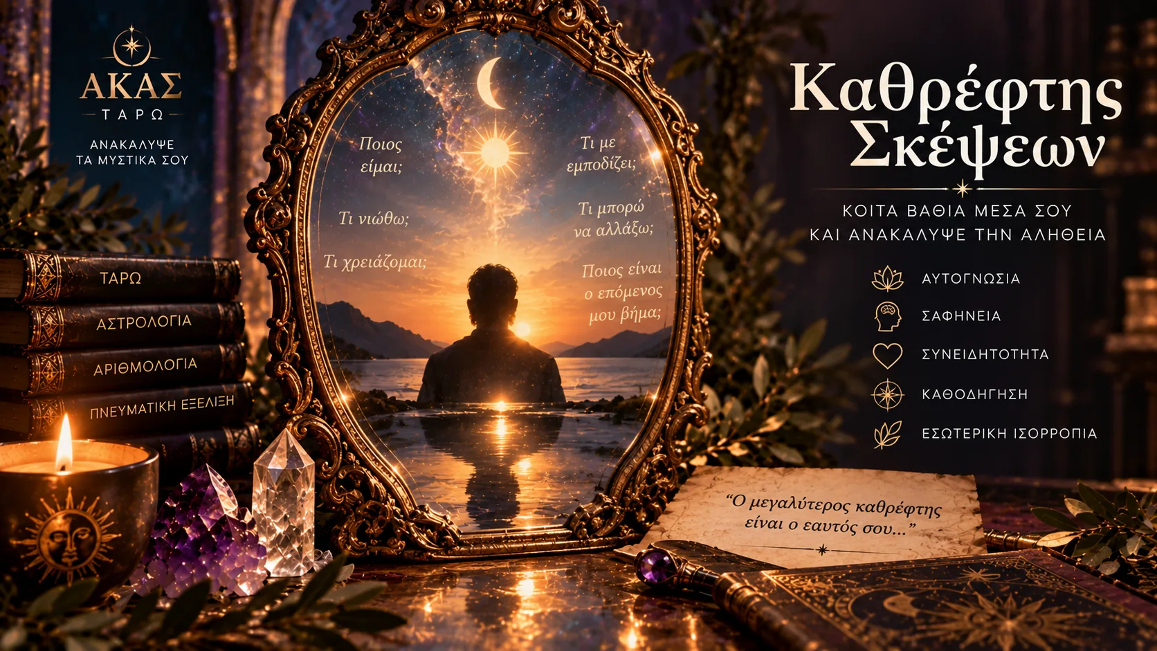 Χρυσός καθρέφτης που αντανακλά μια σιλουέτα να κοιτά τον ήλιο πάνω από τη θάλασσα, με ερωτήσεις αυτογνωσίας γραμμένες γύρω του