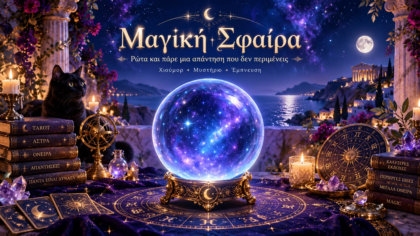 Μαγική σφαίρα του ΑΚΑΣ με μαύρη γάτα, βιβλία μαντείας και ζωδιακό δίσκο, με φόντο τη νυχτερινή ελληνική ακτή και την Ακρόπολη