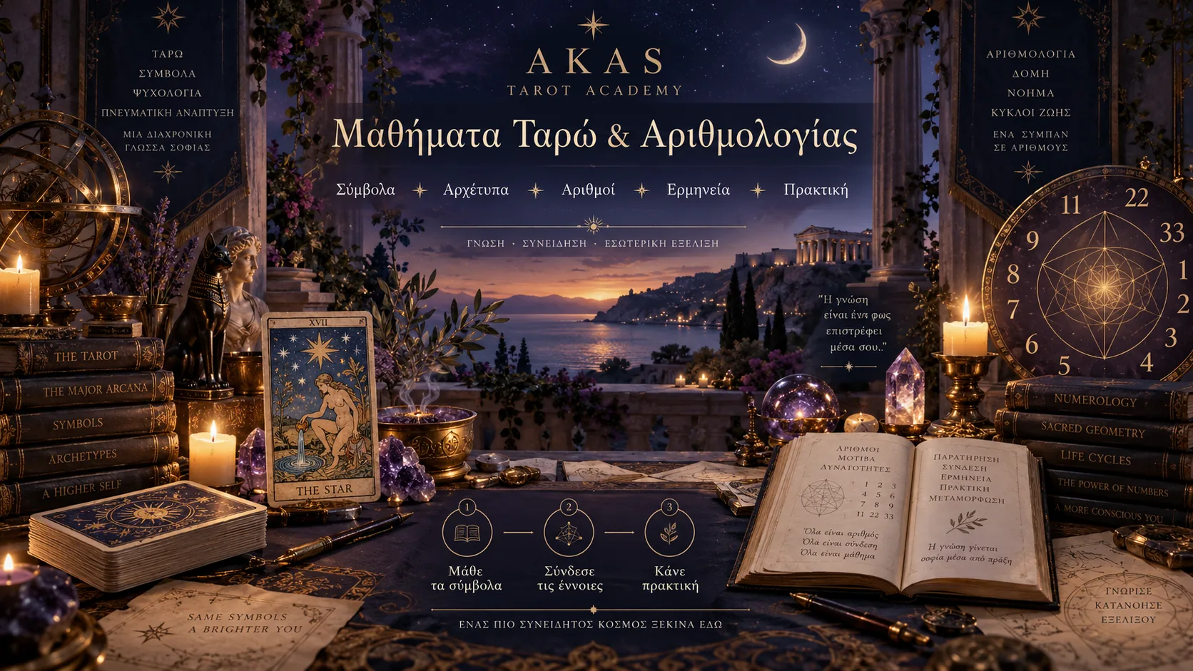 Νυχτερινό γραφείο μελέτης ΑΚΑΣ με κάρτα ταρώ Ο Αστέρας και βιβλία Ταρώ, σύμβολο των Μαθημάτων Ταρώ
