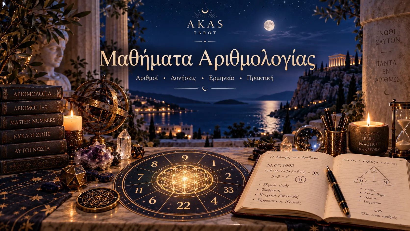 Νυχτερινό γραφείο μελέτης ΑΚΑΣ με κύκλο Λουλουδιού της Ζωής, αριθμούς 1 έως 33 και ημερολόγιο υπολογισμού αριθμού πεπρωμένου, σύμβολο των Μαθημάτων Αριθμολογίας