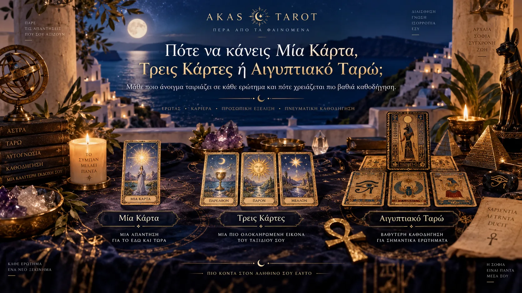 Τρία ανοίγματα Ταρώ δίπλα-δίπλα: Μία Κάρτα, Τρεις Κάρτες (Παρελθόν-Παρόν-Μέλλον) και Αιγυπτιακό Ταρώ, σύμβολο της επιλογής ανοίγματος