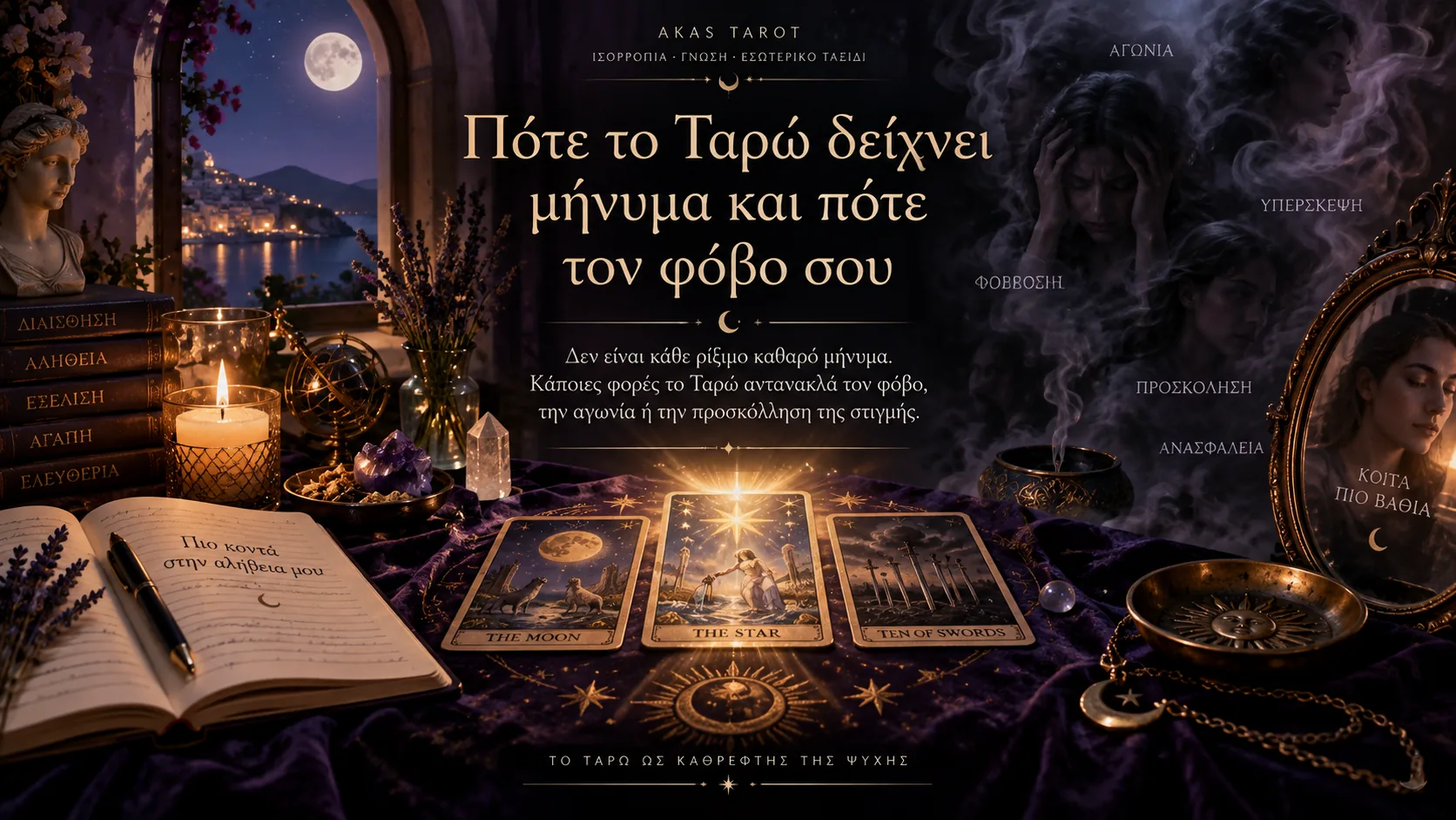 Τρεις κάρτες ταρώ (Το Φεγγάρι, Ο Αστέρας, Δεκάρι Σπαθιών) πάνω σε τραπέζι με βιβλία και κερί, με σιλουέτες αγωνίας και άγχους στο φόντο, σύμβολο διάκρισης μηνύματος και φόβου στο Ταρώ