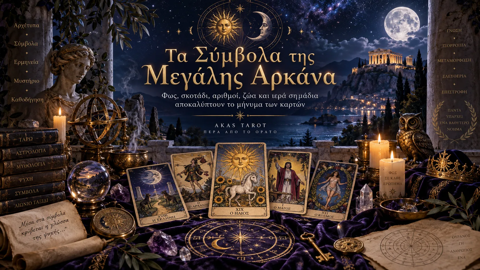 Πέντε κάρτες της Μεγάλης Αρκάνα, ανάμεσά τους Η Σελήνη, Ο Ήλιος, Ο Μάγος και Ο Κόσμος, πάνω σε τραπέζι με βιβλία, κρύσταλλα και κουκουβάγια, σύμβολο των συμβόλων της Μεγάλης Αρκάνα