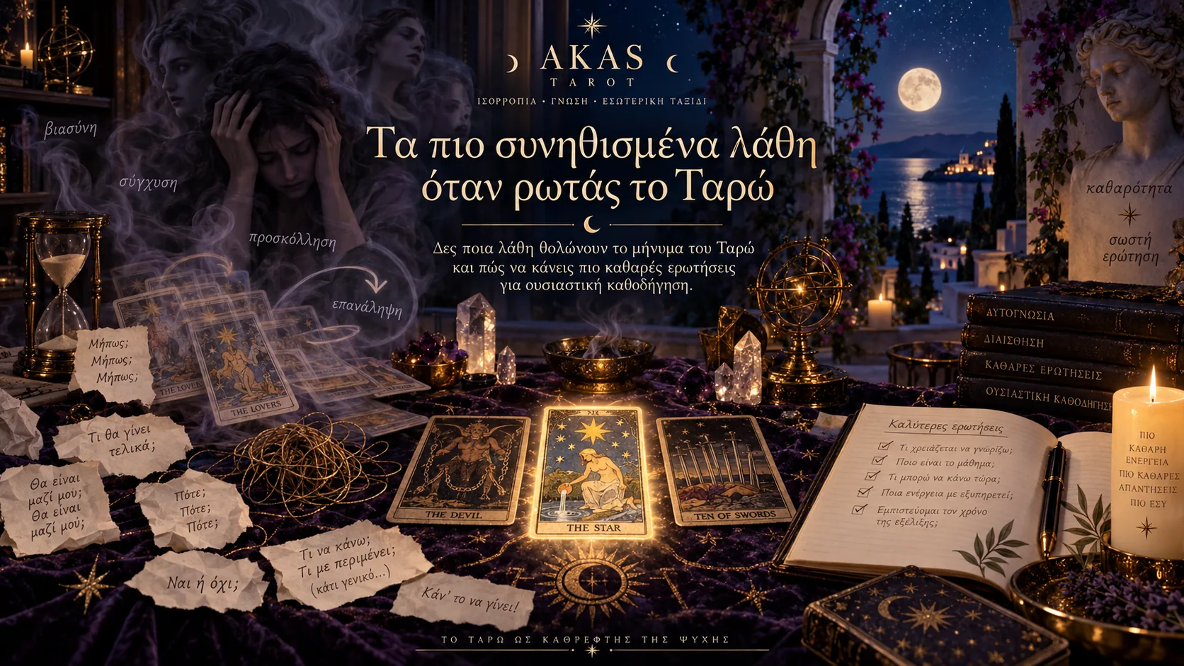 Τρεις κάρτες ταρώ (Ο Διάβολος, Ο Αστέρας, Δεκάρι Σπαθιών) πάνω σε τραπέζι με σημειώματα αβεβαιότητας και ένα βιβλίο με καλύτερες ερωτήσεις, σύμβολο των συνηθισμένων λαθών όταν ρωτάς το Ταρώ