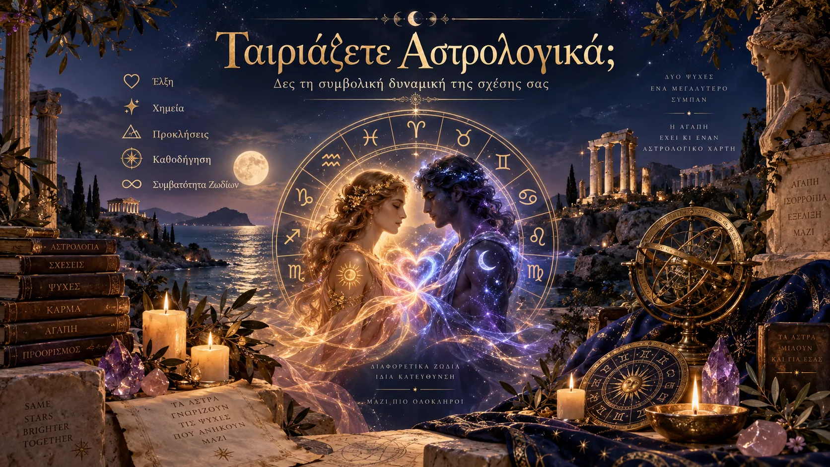 Δύο σιλουέτες αγκαλιάζουν φως μέσα σε ζωδιακό κύκλο, σύμβολο της αστρολογικής συμβατότητας ζωδίων