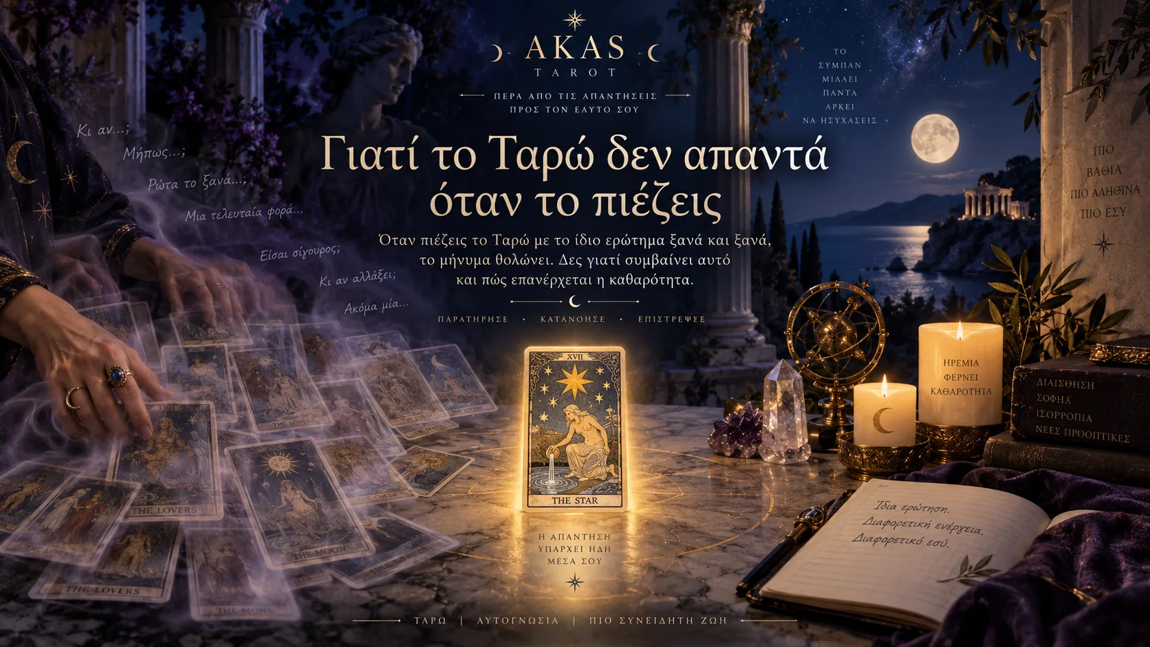 Χέρια απλώνουν κάρτες ταρώ ξανά και ξανά πάνω σε τραπέζι, με την κάρτα Ο Αστέρας φωτισμένη στο κέντρο, σύμβολο της πίεσης στο ρίξιμο του Ταρώ