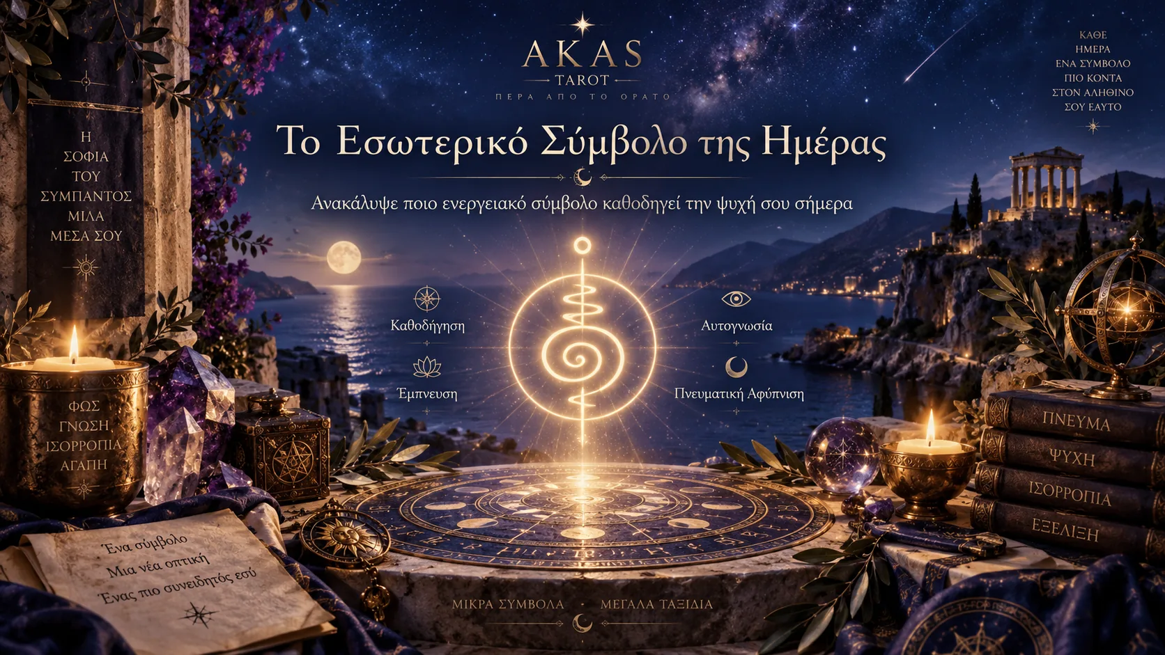 Φωτεινό ενεργειακό σύμβολο σε σχήμα σπείρας πάνω από ζωδιακό δίσκο, με νυχτερινό ελληνικό τοπίο και φεγγάρι στο βάθος